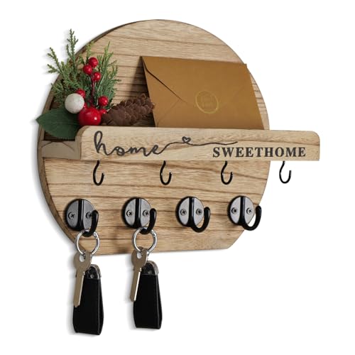Key Holder for Wall, Key and Mail Holder Organizer - Key Holder Wall Mount with Bouquet Shelf and Key Hooks, Round Wooden Rustic Key Rack for Entryway and Home Decor (Wood) - color: wood