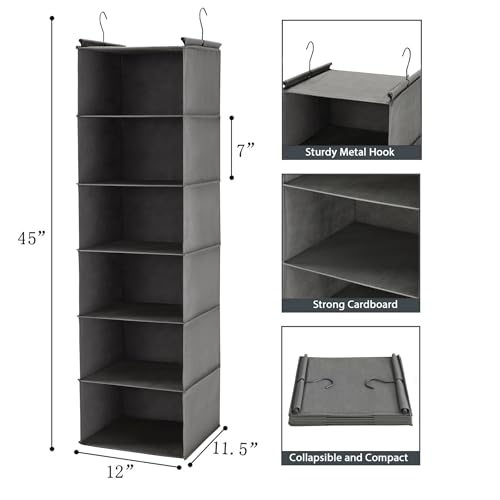 MAX Houser 6 Tier Shelf Hanging Closet Organizer, Closet Hanging Shelf with 2 Sturdy Hooks for Storage, Foldable (Grey) - color: Grey