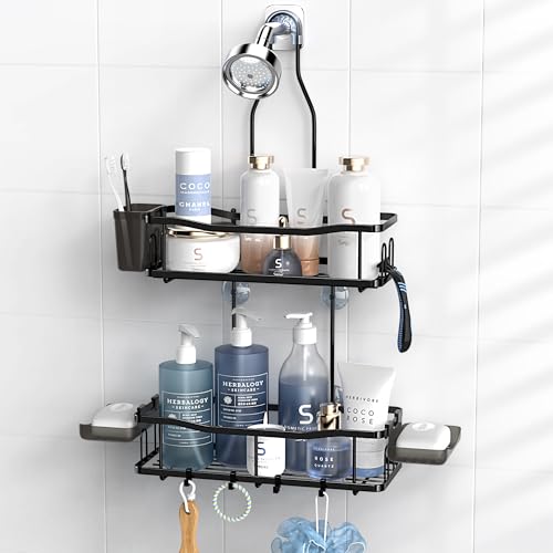 Aitatty Hanging Shower Caddy Bathroom Organizer: Rustproof Shower Shelf Racks Over Shower Head - No Drilling Inside Bath Shower Rack Shelves Over Showerhead for Shampoo with Soap Holder Black - color: Black