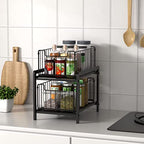 NPPLUS 2-Tier Under Sink Organzier: Iron Under Sink Cabinet Organizers With Sliding Drawer - Pull Out Home Storage For Bathroom Kitchen Desktop (Black)