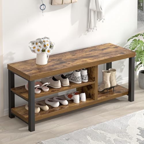 EXCEFUR Shoe Bench, Modern Wood Storage Bench for Entryway Hallway, Industrial Indoor Shoe Rack Bench Seat for Living Room Bedroom, 43.3 Inch Rustic Brown - color: Rustic Brown, size: 3-Tier