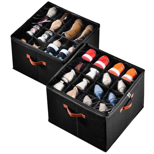 INSTY 2 Pack Shoe Organizer for Closet, Fits up to 32 Pairs, Adjustable Dividers for Shoe Storage, Space-Saving Shoe Bins and Clear Top, Black - color: Black