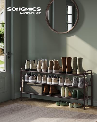 SONGMICS Shoe Rack, 3-Tier Shoe Organizer, Metal Shoe Shelf Storage with 4 Side Hooks, Holds 18 Pairs of Shoes, Height-Adjustable Shoe Rack for Entryway, Hallway, Closet, Chestnut Brown ULMR131A01 - color: Chestnut Brown, size: 3 Tiers (44.9"W)