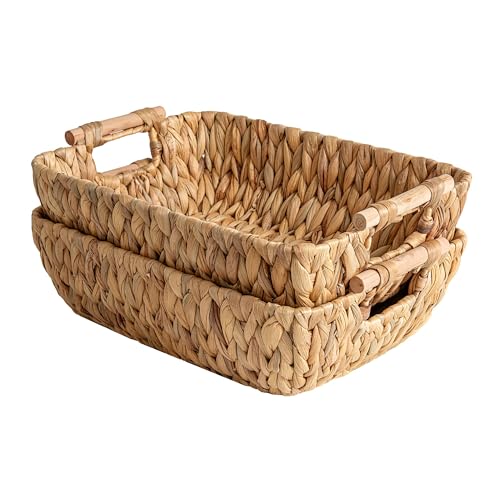 StorageWorks Hand-Woven Large Storage Baskets with Wooden Handles, Water Hyacinth Wicker Baskets for Organizing, 2-Pack - color: Natural(Water Hyacinth), size: Medium