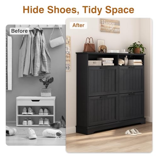 Shoe Storage Cabinet with 4 Flip Drawers, Farmhouse Modern Hidden Shoes Rack Cabinet with Adjustable Shelves & Open Storage, Narrow Slim Shoe Organizer for Front Door Entrance, Entryway, Hallway,Black - color: Black, size: 4-Drawers