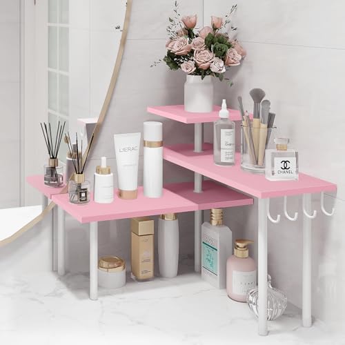 Homode 3-Tier Counter Organizer Shelf for Bathroom, Corner Shelf for Countertop, Over Sink, Make Up, Dresser Table, Desktop - Pink - color: Pink, With Hooks