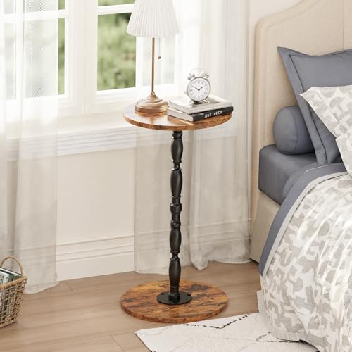 Wood Drink Table, Round Side Table for Small Spaces, Pedestal End Table Modern Accent Nightstand for Living Room, Bedroom, Office, Sofa Corners, Rustic Brown - color: Rustic Brown, size: 1-Tier