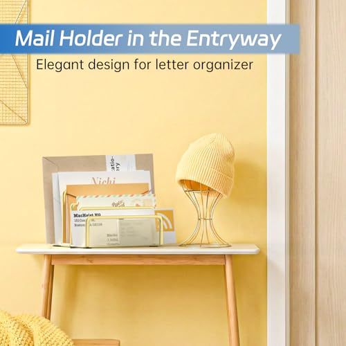 Mail Organizer Countertop with 5 Slot, Metal Mail Holder for Desk, File Holder Letter Sorter for Envelope, Bill and Document, Gold - color: Gold