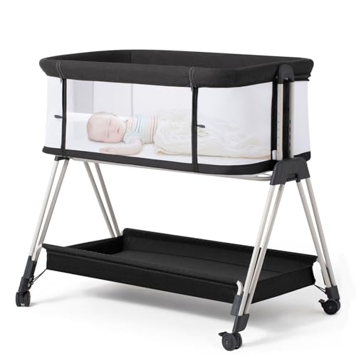 Fodoss Baby Bassinet Bedside Sleeper with Wheels and Storage Tray,4-Sided Mesh Bedside Bassinet for Infant/Newborn,7 Height Adjustable Easy Folding Bedside Crib - color: Dark Grey Tweed