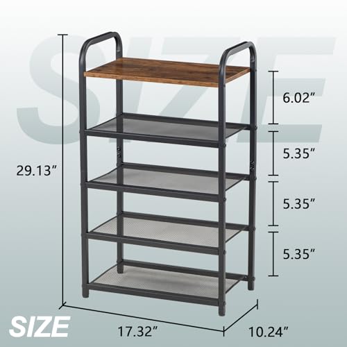 5-Tier Shoe Rack, with Heavy-Duty Metal Grid, Rustic Wooden Top, & Metal Guardrails - Transform Your Space with Style and Functionality Living Room, Kitchen, Bedroom, Garage, & Bathroom - size: 17.32" X 10.24" X 29.13"