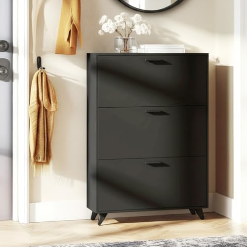 Anystyle Black Shoe Storage Cabinet for Large Shoes, 3-Tier Adjustable Flip-Door Organizer, Space-Saving Wooden Cabinet for Entryway, Closet, Living Room, 31.5" W x 49.2" H - color: Black