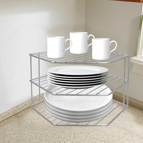 3-Tier Corner Shelf Counter and Cabinet Organizer - Steel Metal Wire - Rust Resistant - Plates, Dishes, Cabinet & Pantry Organizer - Kitchen Organization (10 x 7.5 Inch) (Chrome) - color: Chrome