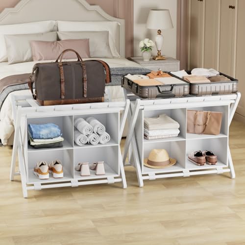 Folding Luggage Rack, 2-Pack White Bamboo Suitcase Stands with 4 Storage Compartments , Sturdy Luggage Holders for Guest Room, Bedroom, Hotel - color: White 2 Pcs