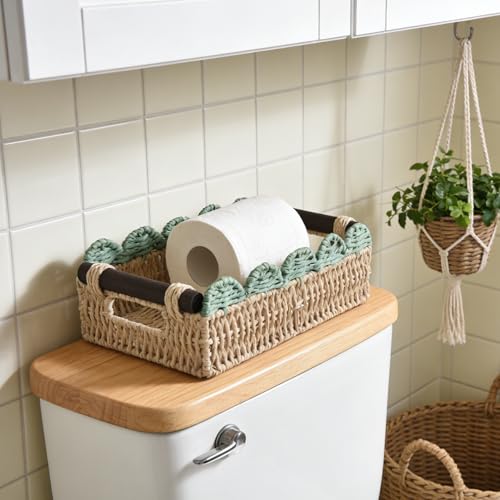Wicker Basket with Built-in Handles, Small Scalloped Basket for Organizing, Set of 2 Decorative Baskets for Home and Toilet Paper Storage（Beige+Green） - color: Beige+Green