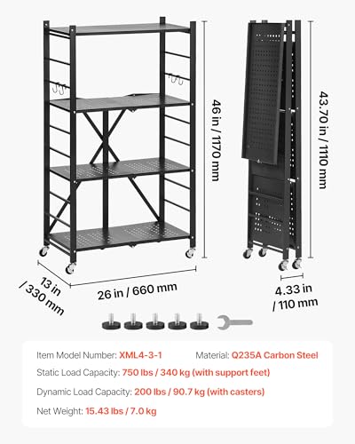 VEVOR 4-Tier Foldable Storage Shelf, 26W x 13D x 46H Inch Folding Metal Rack Shelving Unit, No Assembly Organizer Shelf with 5 Wheels & 4 Hooks for Pantry, Kitchen, Garage, Basement, Black - color: Black, size: 4-Tier