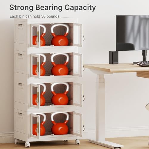 UAMFURI Stackable Storage Bins with Lids, Clear Doors, Large Storage Cabinet Foldable Collapsible Closet Organizers for Bedroom Dorm Office (4, White, 48, Quarts) - color: White