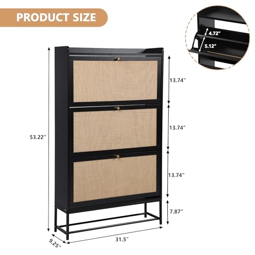 Shoe Cabinet Storage for Entryway, Narrow Shoe Cbinet with 3 Filp Drawers, Wood Freestanding Shoe Organizer Cabinet with Metal Legs, Hidden Storage Behind Door for Hallway, Living Room (Black) - color: Linen-black, size: 3 Drawer-Divider