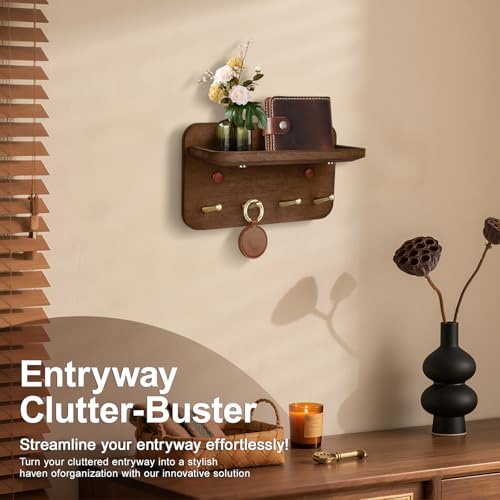 Key Holder Wall Mount, Solid Wood Key Holder for Wall with 4 Brass Hooks & Hidden Magnets, 15° Incline Hooks & Grooved Design to Prevent Slipping, Vintage Brown Key Hanger