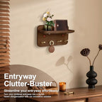 Key Holder Wall Mount, Solid Wood Key Holder for Wall with 4 Brass Hooks & Hidden Magnets, 15° Incline Hooks & Grooved Design to Prevent Slipping, Vintage Brown Key Hanger