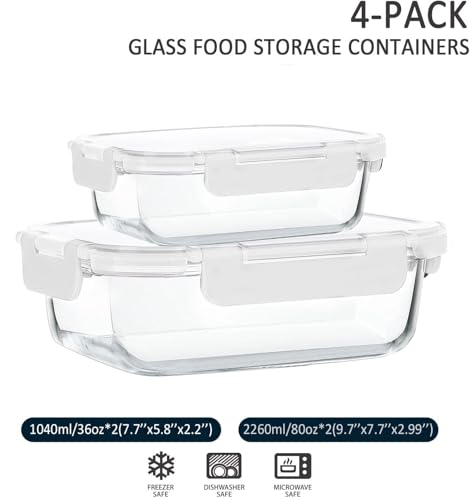 [80 oz & 36 oz]Extra Large Glass Food Storage/Baking Containers Set with Lids, 2 Pack 80 oz(10 cup)&2 Pack 36 oz (4.5 cup)Airtight Glass Container,Microwave,Oven,Freezer and Dishwasher, White - color: white