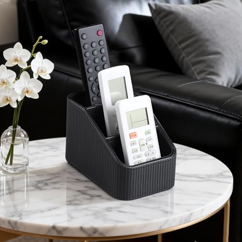Remote Control Holder, PU Leather Nightstand Organizer Bedside Caddy with 3 Compartments, Small Desk Organizer for Remote/Pen/Glasses/Phone (Black) - color: Black