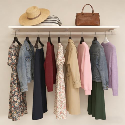 Closet Shelf with Hanging Rod, Heavy Duty Closet Organizer System, Closet Shelves Hold 220 lbs, Wall Mounted Closet Storage & Organizers for Walk in Laundry Room