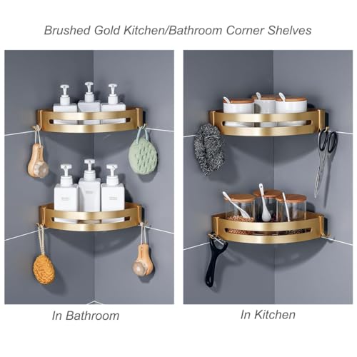 Brushed Gold Color 2 Packed Bathroom Shelves Shower Corner Caddy Organizer Shampoo Holder,Adhesive or Drilling