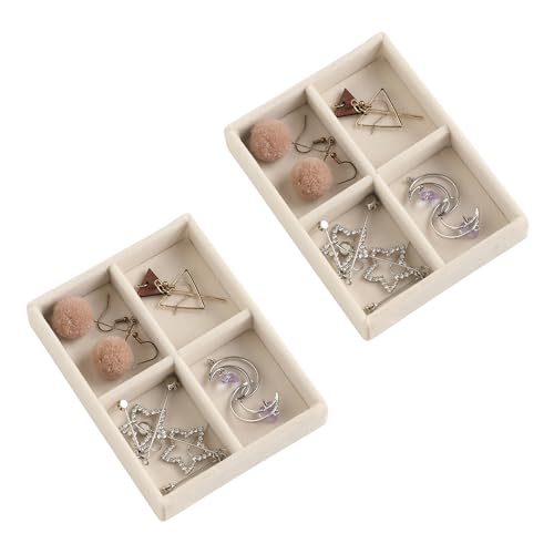 Frebeauty Small Jewelry Tray Set,Stackable Velvet Jewelry Organizer Tray,Mini Jewelry Drawer Organizer,Drawer Inserts,4.92 x 3.74 x 0.9 Inches,4 Grid Earring Organizer for Women(Set 2,Beige) - color: Beige, size: 4 Grids Set 2
