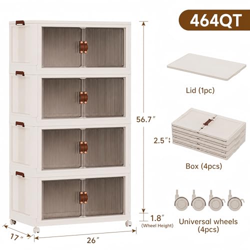 SAILUN 116Gal/464Qt Stackable Storage Bins Folding Collapsible Storage Bins with a Lid, Closet Organizers and Storage,Blush White 26" W x 17" D x 56.7" H - color: Blush White, size: 1 Lid 4 Pack-26" W x 17" D x 56.7" H