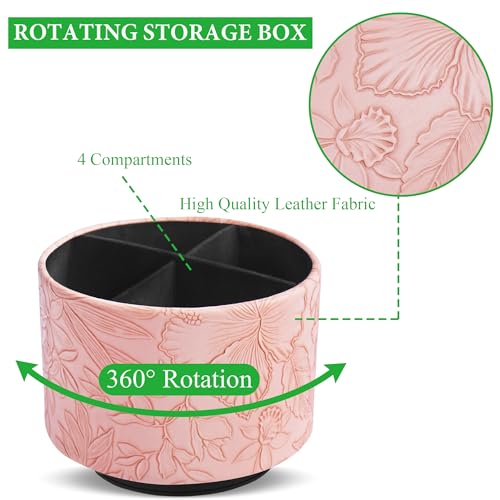 Hennaja Round Leather Art Supply Organizer,Remote Control Holder,360 Degree Spinning,Multi-Functional Pencil Holder,4 Compartments Desktop Stationary Organizer(1-Carved Pink) - color: 1-Carved Pink
