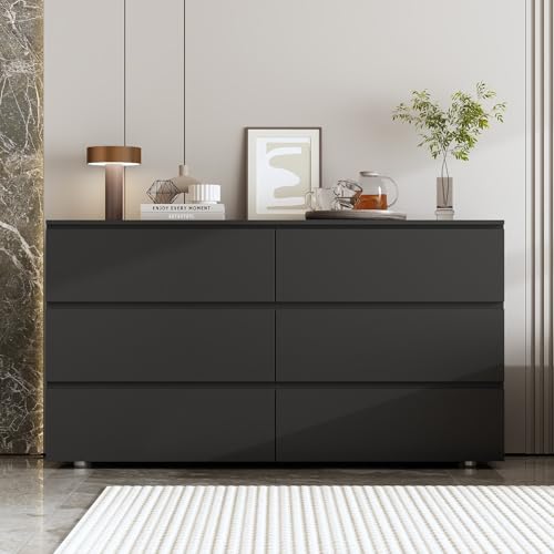 FAMAPY Chest of Drawers Dresser No Handles, 6 Drawer Dresser with Wide Storage, Modern Contemporary 6-Drawer Chest, for Bedroom Black (59”W x 15.7”D x 32.3”H) - color: Black