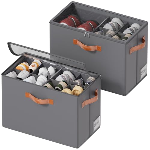 2 Pack Shoe Organizer for Closet, Foldable Shoe Storage Organizer with Adjustable Dividers and Clear Cover, Stackable Fabric Closet Shoe Organizer Storage Box Fits 16 Pairs, Gray - color: Gray-2 Pack, size: 17"L x 8.7"W x 12 ½"H
