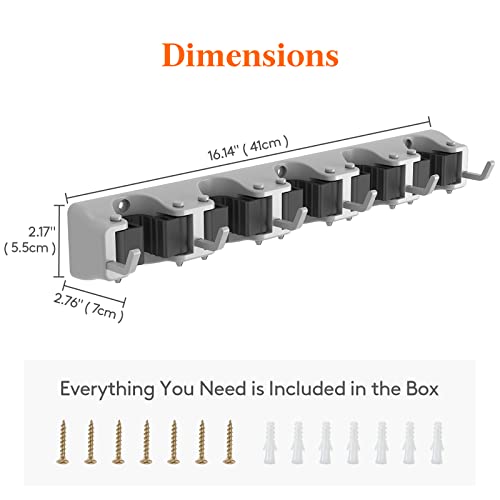 Lifewit Mop and Broom Holder Wall Mount, Anti-Slip Broom Hanger for Cleaning Supplies Organizer, Easy Install Tool Hanging Rack for Closet, Kitchen, Garage, 5 Slot 6 Hooks, Hold 30lbs, Gray, 1 Pack - color: Gray