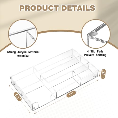 Briwooody Clear Acrylic Desk Drawer Organizer 11 x 6.1 x 1.38 Inch Storage Tray Organizer for Pens, Stationery, Desktop, Office, Bathroom, Kitchen, Makeup Supplies (6 Compartments) - color: Transparent, size: 11 x 6.1 x 1.38 Inch, style: 6 Compartments