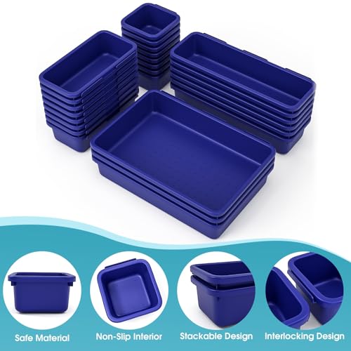 25 PCS Drawer Organizer Set, 4 Size Makeup Drawer Divider Organizer With Non-Slip Pads, Interlocking Plastic Storage Bins for Office,Jewelry Vanity,Gadgets, Bathroom,Kitchen, Navy - color: Navy, size: 25Pack