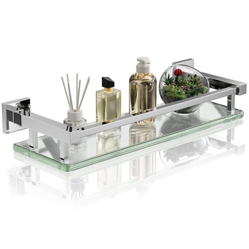 Alise Bathroom Glass Shelf with Stainless Steel Railing, Polished Chrome Small Tempered Glass Floating Wall Shelf Over The Toilet, 16 inch - color: Polished Chrome, size: 16 Inch