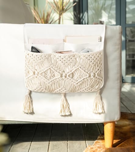 Mkono Macrame Couch Organizer Remote Control Caddy Sofa Armrest Armchair Bedside Storage Holder Bag for TV Remote, Magazine, Books, Cell Phone, iPad, Boho Living Room Home Dorm Decor, Beige, Large - color: Beige, size: Large