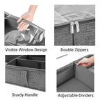 2 Packs Under Bed Storage Containers, Foldable Clothes Draw Organizers with Adjustable Dividers, Handles, Clear Window, Closet Storage Bins for Clothing, Shoes, Blankets