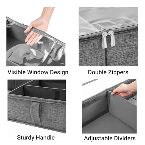2 Packs Under Bed Storage Containers, Foldable Clothes Draw Organizers with Adjustable Dividers, Handles, Clear Window, Closet Storage Bins for Clothing, Shoes, Blankets