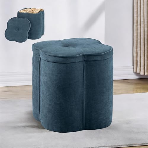Crestview Collection Flower Pouf Ottoman with Storage,Chenille Fabric Foot Rest for Couch, Small Mordern Footstool for Vanity, Bedroom, Living Room,Under Desk, Navy Blue,18 inches - color: Navy Blue
