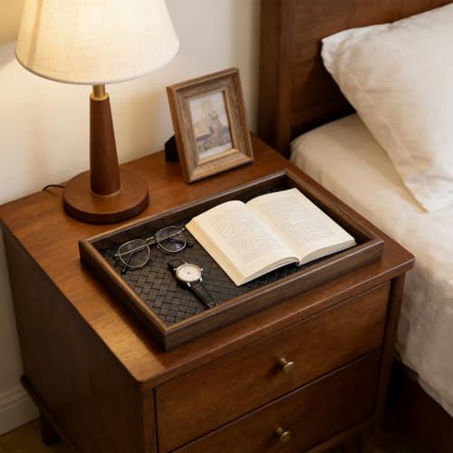 Wooden Valet Tray with Leather Base, EDC Catch All Tray Nightstand Entryway Table Vanity Organizer 11.8x7.9, Black - color: Black