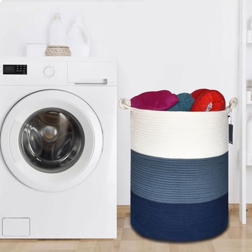 COMSE Extra Large Blanket Basket, Tall Woven Storage Basket, Nursery Hamper, 15.7”x 21.7”, Cotton Rope Laundry Hamper for Toys Clothes Towels, White/Cadet Blue/Navy Blue - color: White & Cadet Blue & Navy Blue