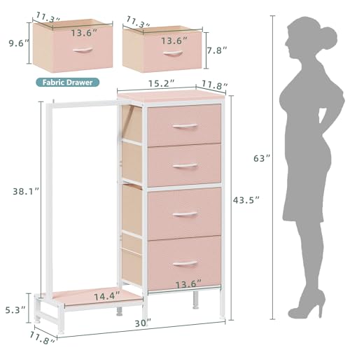 HIGDBFE Dresser with Hanging Rack, 4 Drawers Small Closet for Bedroom, Reversible Fabric Kids Chest of Drawers with Clothes Rack, Tall Storage Tower, Sturdy Frame, Pink, 44''H - color: Pink