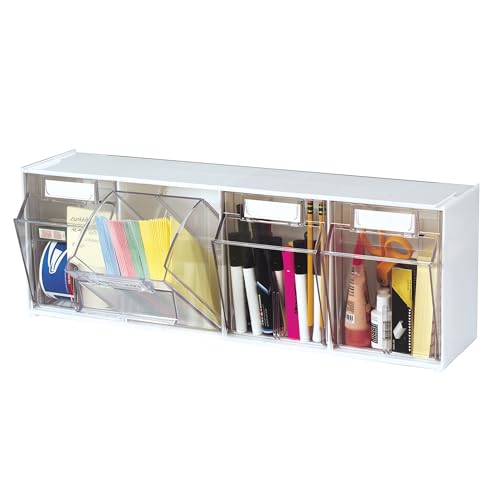 Deflecto Interlocking Tilt Bin, 4 Bin Unit, Clear and White, 23-5/8” x 8-1/8” x 6-5/8” (20403OP) - style: 4 Bins