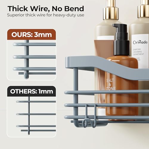 Orimade Shower Caddy Basket Shelf Storage Rack, No Drilling Wall Mounted Adhesive Rust Resistant Stainless Steel Shower Organizer with 5 Hooks for Bathroom, Light Blue Grey 2 Pack - color: Light Blue Grey, size: 4.56"D x 11.02"W x 3.11"H