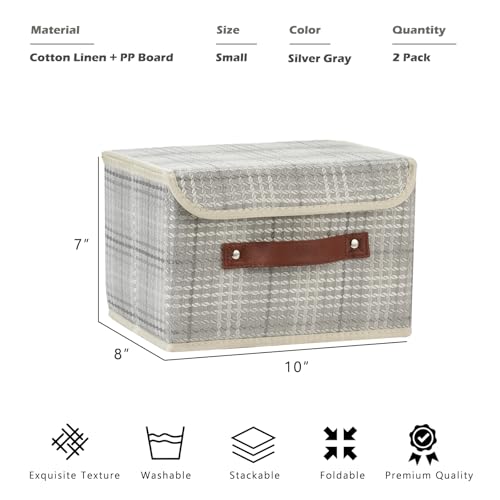 2PCS Storage Boxes with Lid 3D Textured Fabric Storage Bins Closet Organizer Containers Decorative Collapsible Washable Shelf Baskets with Faux Leather Handles (Silver Gray, Small Size) - color: Silver Gray (3D Textured), size: Small (Set of 2)
