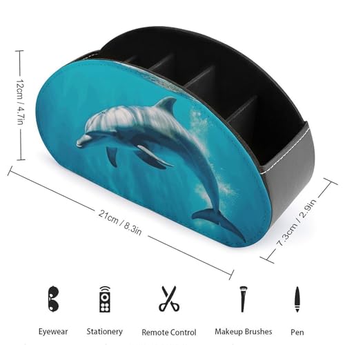 PU Leather Remote Control Organizer Box 5-Slot Multifunctional Swimming Dolphin in Blue Sea Storage Holder for TV/DVD/Accessories Stylish Desk Decor for Living Room, Bedroom, Office - color: Swimming Dolphin in Blue Sea