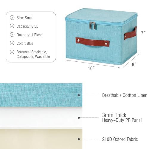 Storage Bin Box with Zippered Lid Cotton Linen Fabric Decorative Basket with PU Leather Handles PP Plastic Board Foldable Lidded Clothing Shelf Closet Organizer Container (Blue, Small) - color: Blue, size: Small ( Pack of 1 )