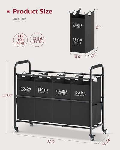 Tajsoon 4 Bag Laundry Sorter Cart, 4 Section Laundry Hamper Sorter with Heavy Duty Lockable Rolling Wheels, Laundry Separator Hamper with Removable Bags for Dirty Clothes Storage, Black - color: Black