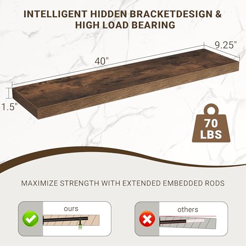 Acovy 40 Inch Floating Shelves, 3D Textured Wood Grain, 40"x9.25"x1.5" Inch Deep Floating Shelves for Wall, Wooden Shelves for Bathroom, Bedroom, Living Room, Brown, 1 Piece - color: Brown, size: 40"x9.25"-1pc